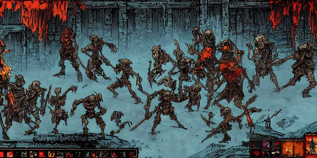 Prompt: skeleton enemy character design. darkest dungeon. pc game. sideview. transparent background. art by moebius and thomas kinkade and greg rutkowski.