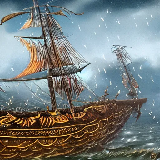 Prompt: grand maori 1 4 th century battleship fantasy high seas rain wind moody