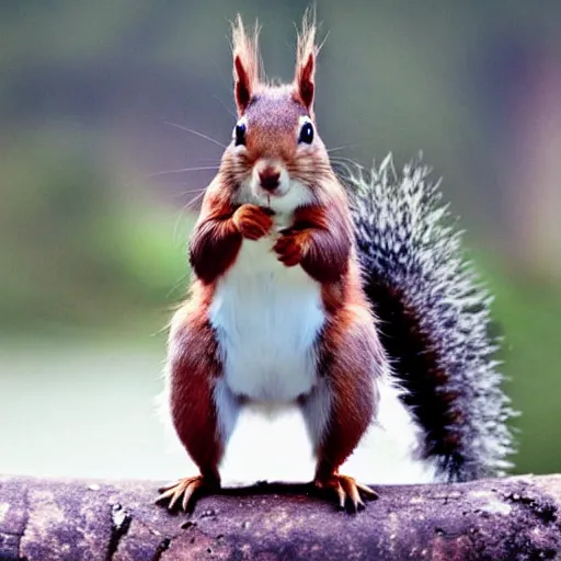 Prompt: a squirrel with thor outfit ~ mid air ~ dramatic thunder background ~ trending ~