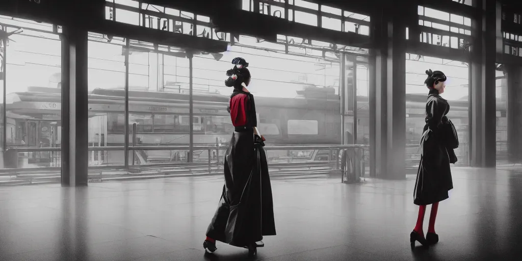 Prompt: photo of geisha cyborg is waiting in train station, 1970's, leica, lomo, soft light, morning light, photorealistic, details, octane render, cryengine, 8k, cinematic shot