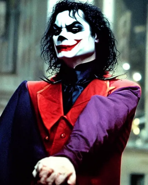 Prompt: a movie still of Batman starring Michael Jackson as the Joker smiling, 8k, Technicolor, telephoto lens, detailed skin, detailed realistic eyes, medium shot, mid-shot