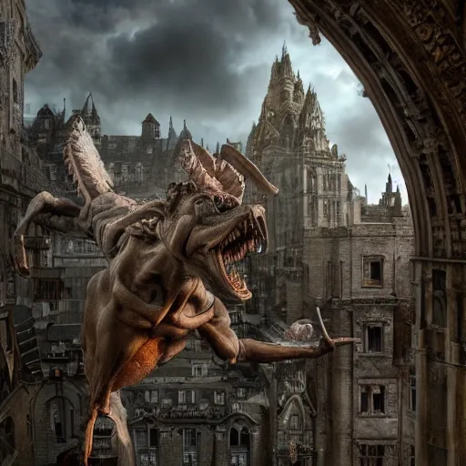 Image similar to full body pose, hyperrealistic photograph of live action gargoyles, dim volumetric lighting, 8 k, octane beautifully detailed render, extremely hyper detailed, intricate, epic composition, cinematic lighting, masterpiece, trending on artstation, very very detailed, stunning, hdr, smooth, sharp focus, high resolution, award, winning photo, dslr, 5 0 mm