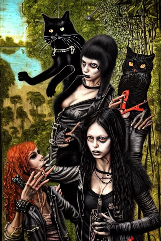 Image similar to punk rock girls making selfie with black cats in jungle , 1980 style, mad max jacket, post apocalyptic, Cyberpunk, renaissance, Gothic, mystic, highly detailed, digital painting, 4k, oil painting by Leonardo Da Vinci, hyper realistic style, fantasy by Olga Fedorova