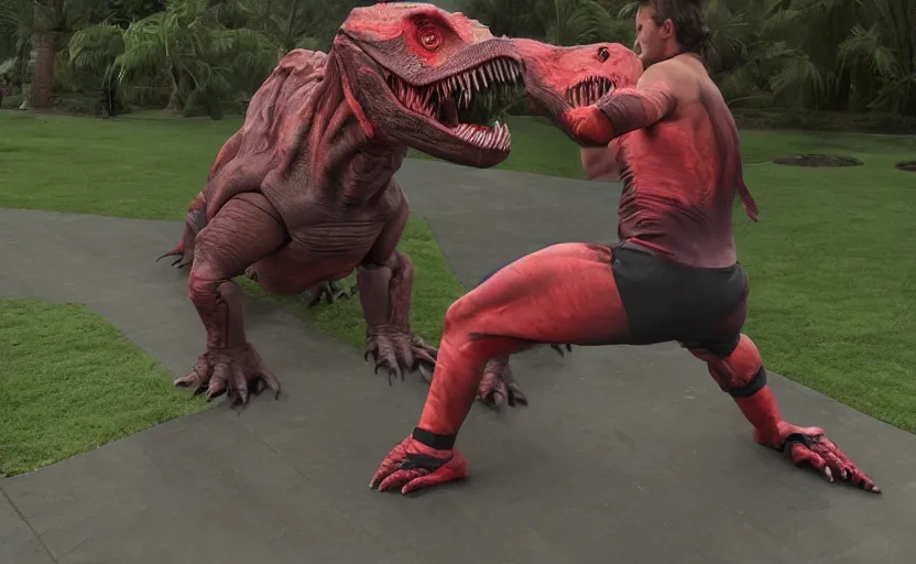 Image similar to Darth wrestling a T-rex in front of his home, 8k