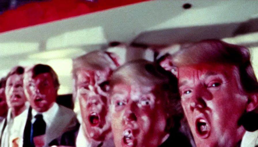 Image similar to 7 0 s film still from a horror movie starring donald trump, kodachrome, cinecolor, cinestill, film grain, film texture, retro, cinematic, high resolution, photorealism,