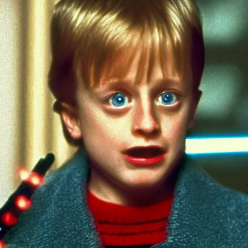 Prompt: A still of Kevin McCallister from Home Alone (1990) with a lightsaber