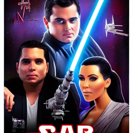 Image similar to super detailed star wars movie poster with ben shapiro, snooki and kim kardashian, 8k full HD photo, cinematic lighting, anatomically correct, oscar award winning, action filled, correct eye placement,