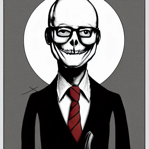 Image similar to grunge drawing of Klaus Schwab in the style of jack skellington and Jacob Shaw,creepy, surreal, trending on artstation, bold and vivid colour