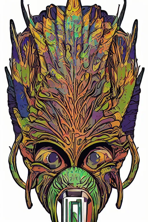 Image similar to animal mask totem roots flower tribal feather gemstone plant wood rock shaman vodoo video game vector cutout illustration vivid multicolor borderlands comics by josan gonzales and dan mumford radiating a glowing aura