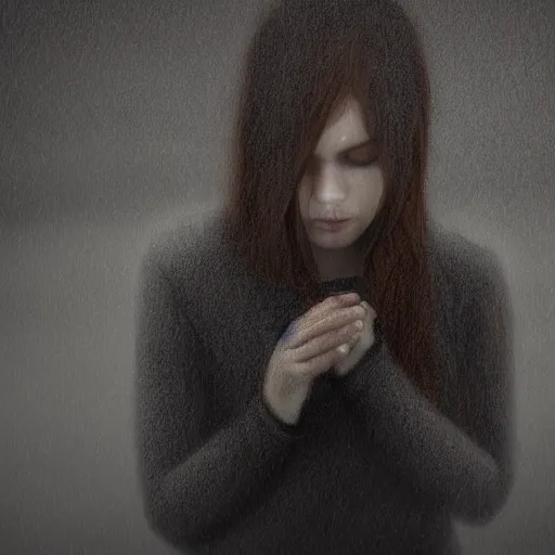 Image similar to a sad girl in a rainy afternoon. digital art. highly detailed, intricate harmony, moody lighting. focus.