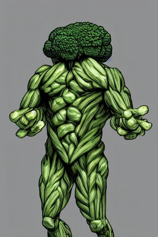 Prompt: a humanoid figure broccoli man, muscular, full body, highly detailed, digital art, sharp focus, trending on art station, anime art style