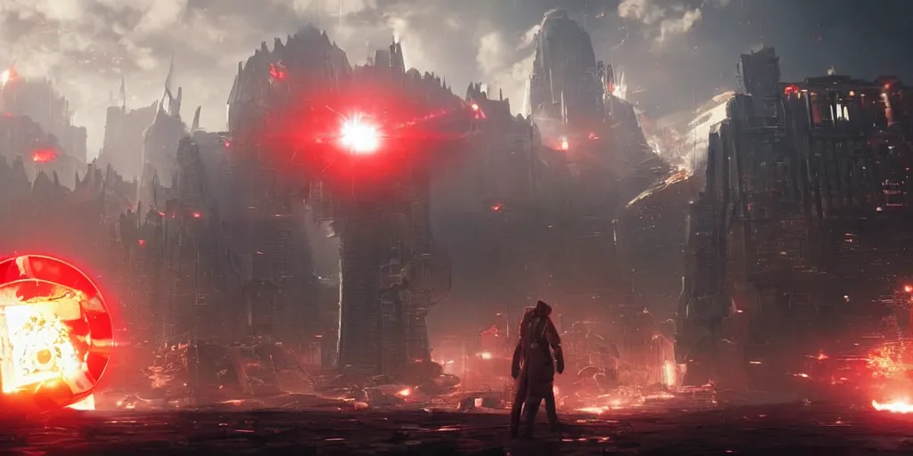 Image similar to a huge towering and broken stone tablet with red light + alien pattern, stands in the center of a prosperous city at the end of the world, and the power and energy is explode, secret, mysterious, doomsday, landscape, video game control, quantum break, arknights,