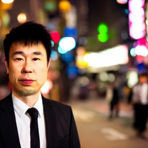 Image similar to night portrait of an adult asian man wearing a tuxedo in the streets of akihabara, depth of field bokeh
