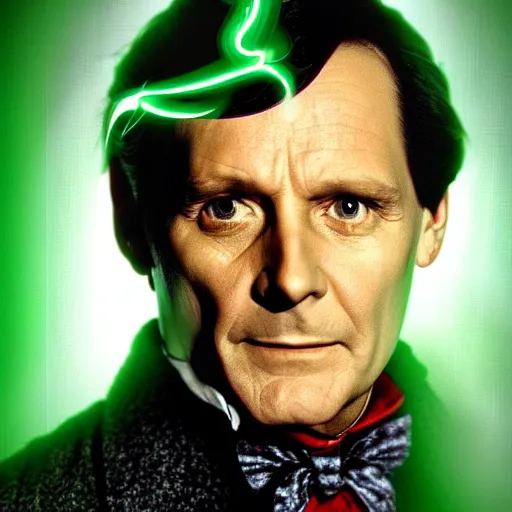 Image similar to Jeremy Brett as Sherlock Holmes as a powerful Warlock, with green energy emanating from his eyes.