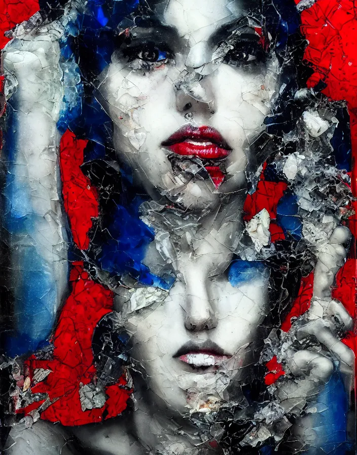 Prompt: languid temptation. mixed media collage with shattered glass and marble texture in style of contemporary art, punk art, photorealistic face, expressionism, masterpiece, perfect composition, photorealistic beautiful face, spectacular quality, deep shadows, intricate oil details, red, blue, black