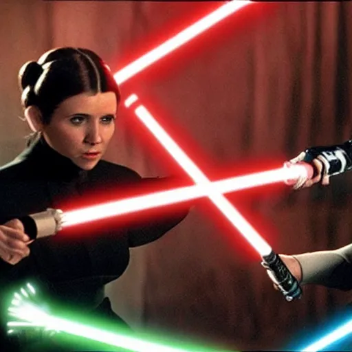 Image similar to princess leia fighting darth vader in a lightsaber battle