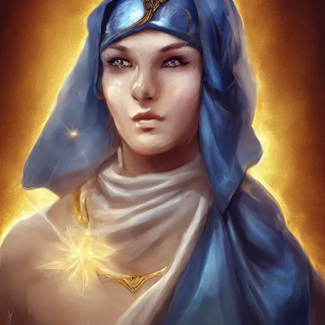 Image similar to Female Cleric with kerchief covering her ears, casting a glowing spell. Blue eyes, black hair, porcelain skin, full lips, high slanted cheekbones. Fantasy art, elegant, highly detailed, dramatic lighting, illustration, award winning on artstation, D&D, Dungeons and Dragons, roleplaying.