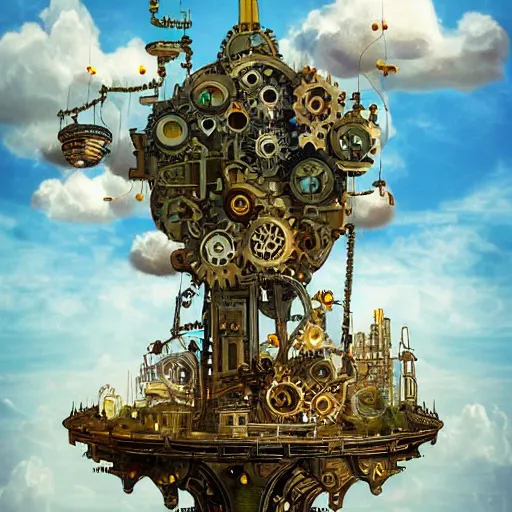 Image similar to flying city in a mechanical flower, clouds, sky, fantasy art, steampunk, masterpiece