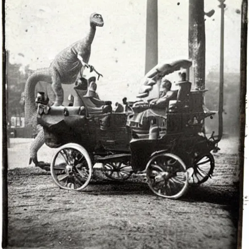 Prompt: dinosaurs driving cars, victorian photo,