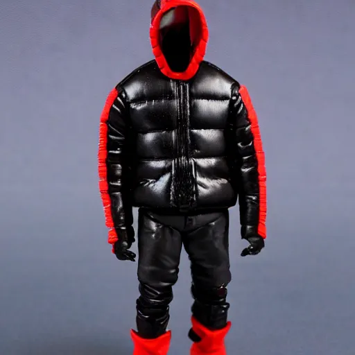 Prompt: kanye west using a full face covering black mask, a small, tight, undersized reflective bright red round puffer jacket made of nylon, dark jeans pants and big black balenciaga rubber boots action figure, 5 points of articulation, full body, 4 k, highly detailed