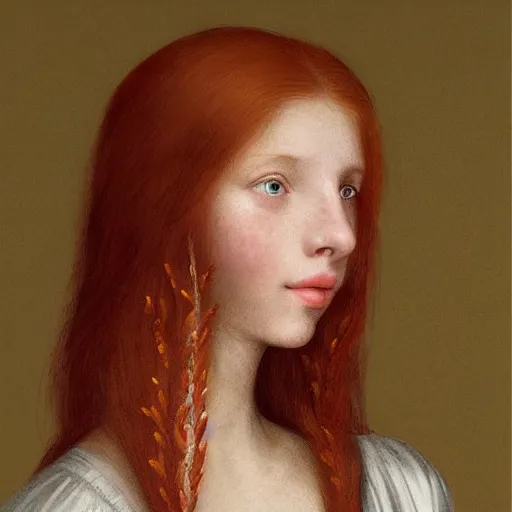 Image similar to portrait of a red haired girl, long hair, green eyes, hint of freckles, beautiful round face, soft amazed smiles, among golden fireflies, highly detailed, deep focus, elegant, digital painting, smooth, sharp focus, golden ratio, illustration, ultra realistic, 8 k, art by artemisia lomi gentileschi and elisabeth vigee le brun