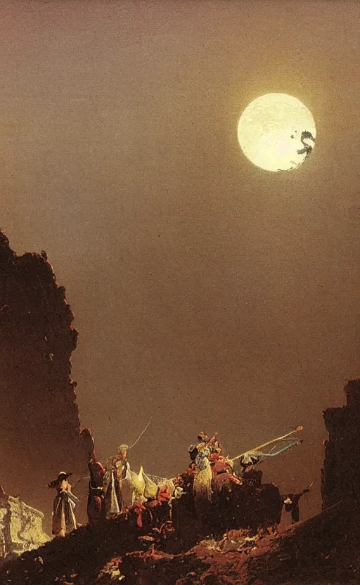 Image similar to meditation on the background of a huge crimson moon, by carl spitzweg