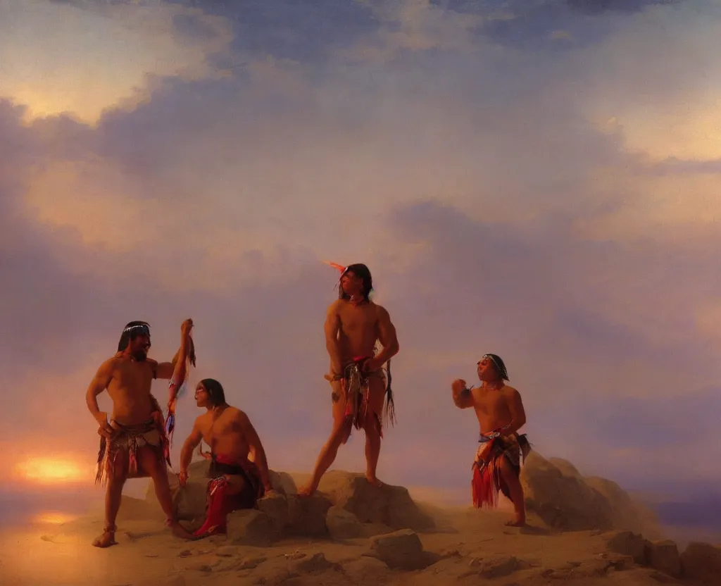 Prompt: two handsome american indians in loincloths, wrestling against a royal purple backdrop by ivan aivazovsky, oil painting, beautiful soft lighting, saturated colours, artstation