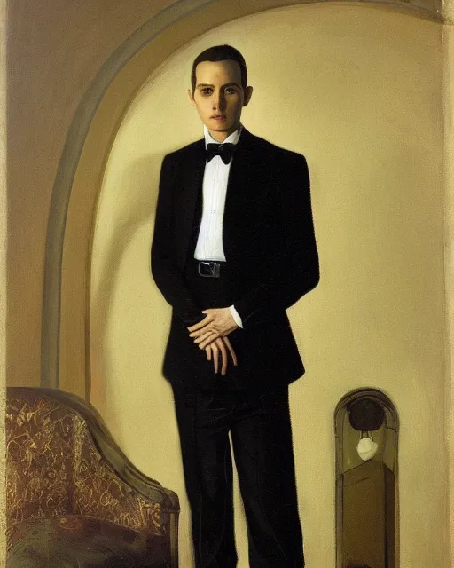 Image similar to portrait of young man wearing black medical mask, suit and tie, style of james c. christensen