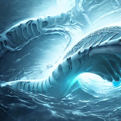 Image similar to top down view of an alien leviathan emerging from a deep ocean during a storm, cinematic lighting, dramatic, masterpiece, trending on artstation