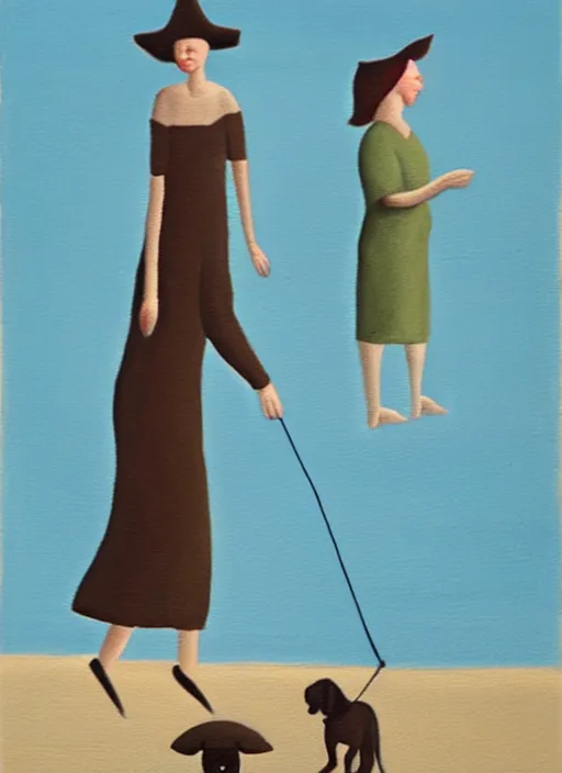 Image similar to a painting of a woman walking her dog at the beach, in the style of gertrude abercrombie, digital art