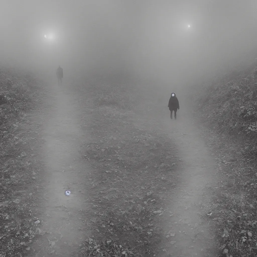 Image similar to path made of skulls, fog, moonlight, scary humanoid standing in the middle