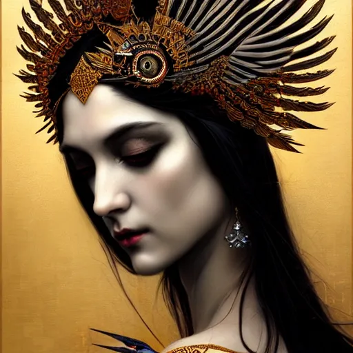 Image similar to goddess of crows, unusual beauty, emotionally evoking symbolic metaphors, head in focus, fantasy, ornamental, intricate, elegant, sensual, highly detailed digital painting, artstation, concept art, painterly, golden ratio, sharp focus, illustration, art by John Collier and Krenz Cushart and Artem Demura and and Greg Rutkowski and Alphonse Mucha and Albert Aublet