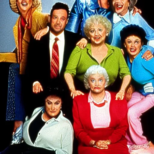 Image similar to studio photo of the golden girls tv show with all characters being played by Hugh Jackman.