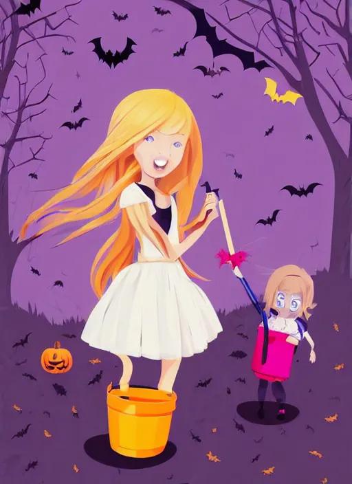 Image similar to three year old girl with long blonde hair in a halloween scene. she is carrying a candy bucket. clean cel shaded vector art. shutterstock. behance hd by lois van baarle, artgerm, helen huang, by makoto shinkai and ilya kuvshinov, rossdraws, illustration, art by ilya kuvshinov