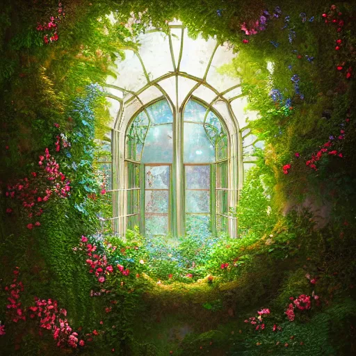 Prompt: an abandoned room overgrown with verdant ivy, an antique window surrounded by lush flowers cherry _ blossomherb, 8 k resolution detailed fantasy art, asymmetrical composition, anato finnstark marc simonetti lisa frank zbrush central gloomy midnight