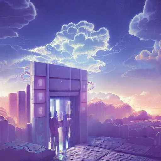 Prompt: a digital painting of clouds and a gate, cyberpunk art by mike winkelmann, behance contest winner, psychedelic art, tesseract, apocalypse art, darksynth