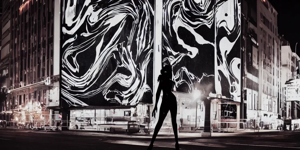 Image similar to night time photo of billboard advertisement of extremely beautiful female black marble statue in the style of virgil abloh, colorful motocross logos behind her, sharp focus, clear, detailed,, cinematic, detailed, off white, glamourous, symmetrical, vogue, editorial, fashion, magazine shoot, glossy