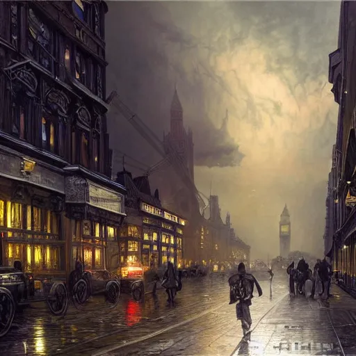 Prompt: a painting of london in 1 9 2 0's, ultra realistic, colour, concept art, intricate details, night, thunder, raining, eerie, arkham horror, call of cthulhu, elder sign, highly detailed, dark fantasy, photorealistic, octane render, 8 k, unreal engine 5. art by artgerm and greg rutkowski and alphonse mucha