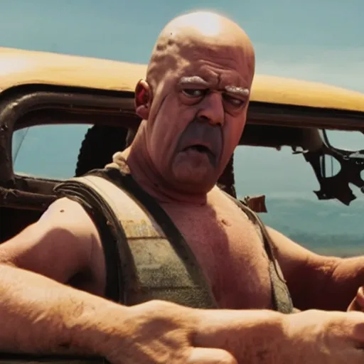 Prompt: A film Still of Homer Simpson in Mad Max Fury Road (2014)