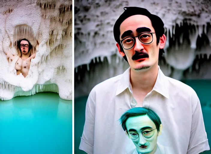 Image similar to Kodak Portra 400, 8K, soft light, volumetric lighting, highly detailed, portrait photo of a Filthy Frank by WLOP, the face emerges from a Pamukkale, thermal waters flowing down white travertine terraces with lotus flowers, inspired by Ophelia paint , blue shirt and hair are intricate with highly detailed realistic beautiful flowers , Realistic, Refined, Highly Detailed, ethereal lighting colors scheme, outdoor fine art photography, Hyper realistic, photo realistic, masterpiece