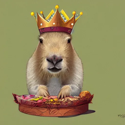 Image similar to painting of a capybara wearing a crown sitting on a throne surrounded by food offerings, trending on artstation