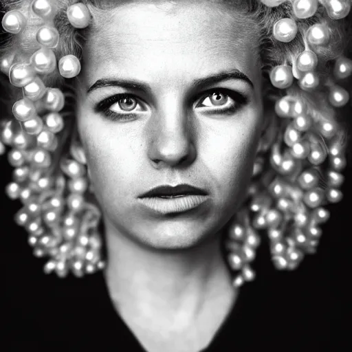 Image similar to symmetrical human portrait of lisa simpson with pearls and with blonde curly hair, grainy high contrast black and white photography photo print ilford warm tone