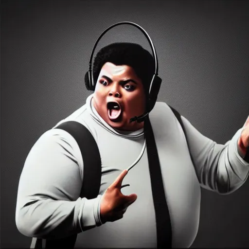 Image similar to obese Michael Jackson wearing a headset yelling at his monitor while playing WoW highly detailed wide angle lens 10:9 aspect ration award winning photography by David Lynch esoteric erasure head