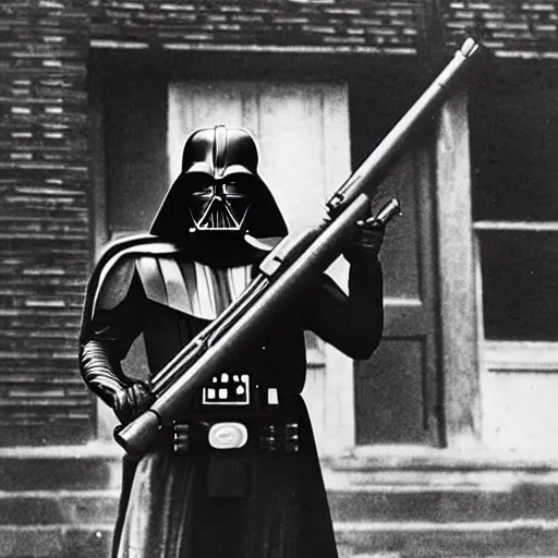 Image similar to old wartime photograph of darth vader holding a lewis gun, 1 9 1 7