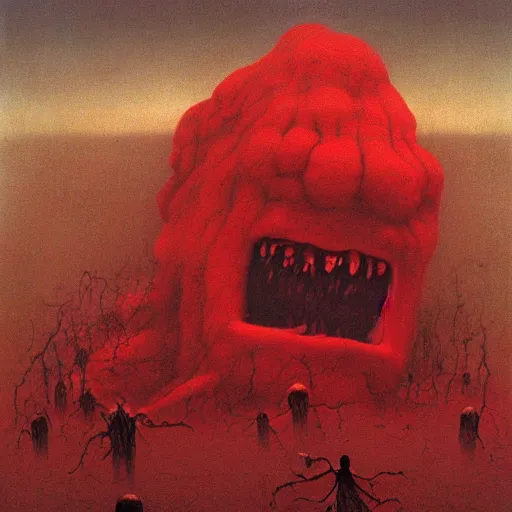 Prompt: an atmosperic photo by Zdzisław Beksiński of a monstrous , red , bleeding giant causing chaos upon an unsuspecting village