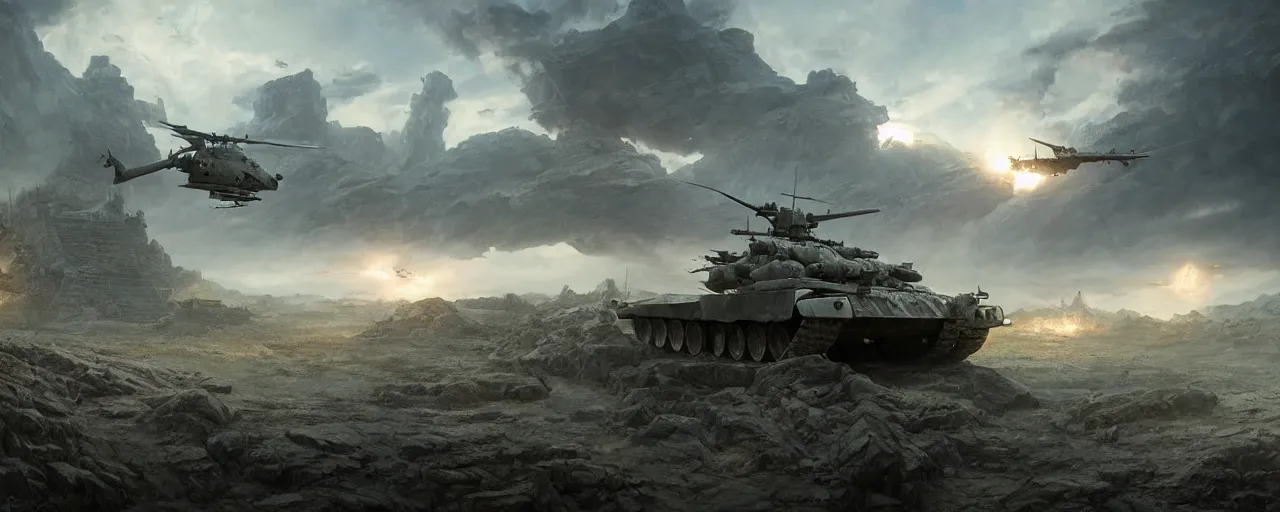 Prompt: main battle tank and helicopter at war, in the ancient abandoned city epic scene, at middle earth, volumetric lighting, futuristic, intricate, highly detailed, digital painting, artstation, concept art, cinematic, smooth, sharp focus, illustration, unreal engine 5, 8 k, art by artgerm and greg rutkowski and alphonse mucha
