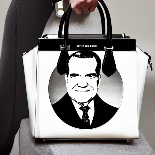 Prompt: expensive handbag designed with multiple images of richard nixon!!! pattern, fashion design, high fashion, elle magazine, cosmopolitan, glossy photo, crisp details, michael kors, givenchy