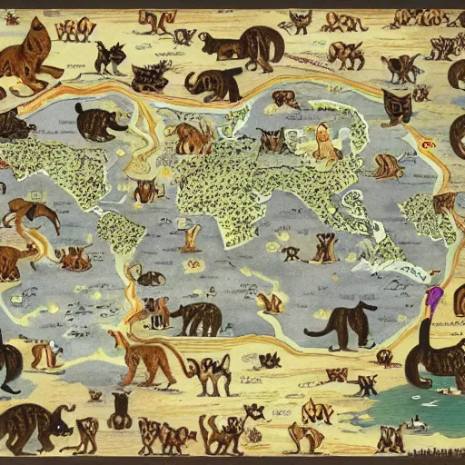 Prompt: Cats over a map of the world plotting it's conquest. Hyper realistic