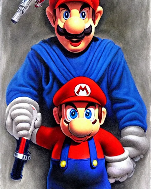 Prompt: portrait of super mario as a jedi, red cap, blue lightsaber, beautiful, very detailed, hyperrealistic, medium shot, very detailed painting by Glenn Fabry, by Joao Ruas