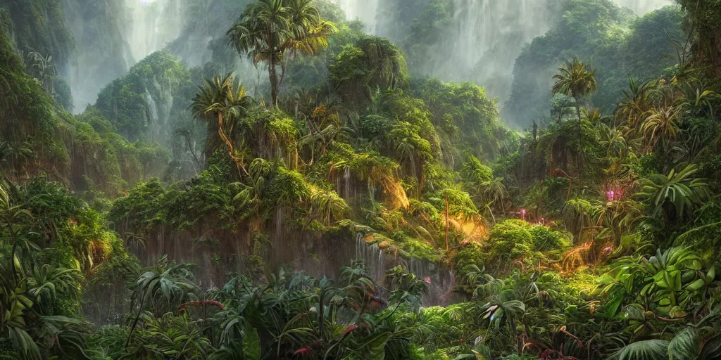 Prompt: a beautiful matte painting of a jungle location filled with green foliage and rainbow colored plants, inhabited by various types of dinosaurs, by Christophe Vacher and Bastien Lecouffe-Deharme, trending on artstation, vivid color scheme,wide angle,highly detailed,v-ray render,photorealistic,4k render